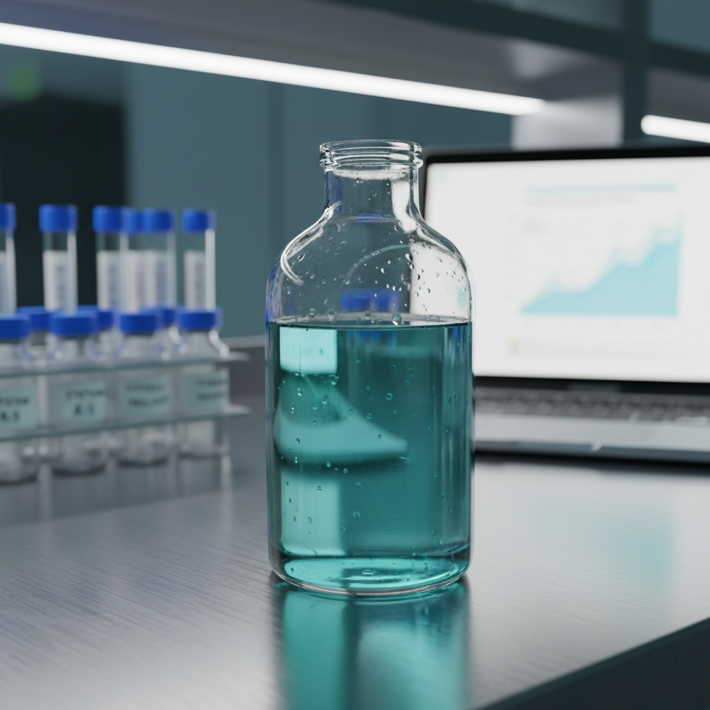 Close-up photographic scene of a transparent, cylindrical water sampling bottle filled with slightly teal-tinted estuarine water, resting on a brushed stainless steel lab bench. Behind it, slightly out of focus, sit neatly arranged glass vials, labeled sample tubes, and a sleek laptop displaying a blurred graph of carbon measurements. Cool, diffused overhead lab lighting creates soft reflections on the glass surfaces and subtle highlights on the metal, conveying precision and cleanliness. The mood is professional, analytical, and forward-looking. Captured at eye level with a shallow depth of field, the sampling bottle in crisp focus and background elements fading into a soft bokeh, reinforcing a modern, high-tech research environment in photographic realism.