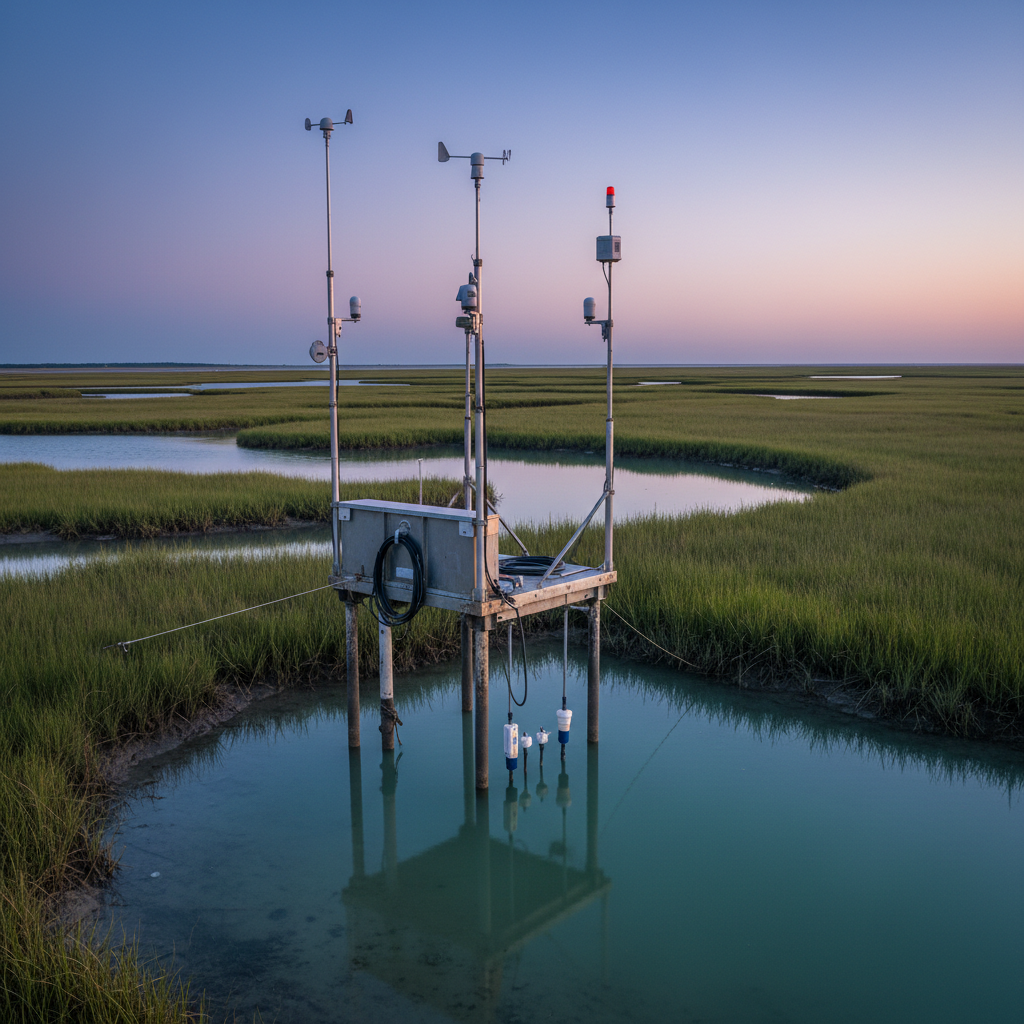 Twilight photographic scene of a remote coastal monitoring station dedicated to teal carbon research, featuring a low, compact instrument platform on stilts surrounded by calm, teal-tinged tidal flats and dense salt marsh. Slim sensor masts, meteorological instruments, and water quality sondes extend from the platform, with cables neatly routed. The sky glows in soft purples and deep blues, while faint golden hour light lingers on the horizon, subtly reflecting off the water and metallic surfaces of equipment. The mood is serene yet purposeful, emphasizing continuous observation of nature-based climate solutions. Captured from a low, shore-level angle, with the station framed against the expansive wetland landscape in sharp focus, conveying both technological precision and environmental scale in photographic realism.