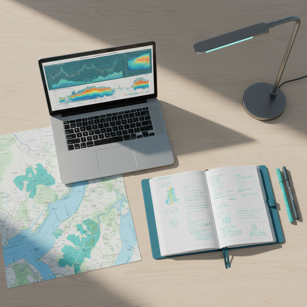 Photographic overhead view of a minimalist research workspace where teal carbon data is being analyzed. A sleek silver laptop displays a detailed, colorful line graph and heatmap of carbon flux across coastal habitats, surrounded by a neatly arranged ocean-blue notebook, a set of fine-tipped lab markers, and printed maps of estuaries with teal-highlighted zones. Soft natural daylight from the left mixes with subtle cool desk-lamp illumination, creating gentle shadows and a balanced, focused atmosphere. The mood is analytical, calm, and forward-thinking. The composition uses the rule of thirds, with the laptop slightly off-center and supporting materials arranged in a visually pleasing pattern, all rendered in crisp photographic realism with subtle texture visible on the paper and desktop surface.