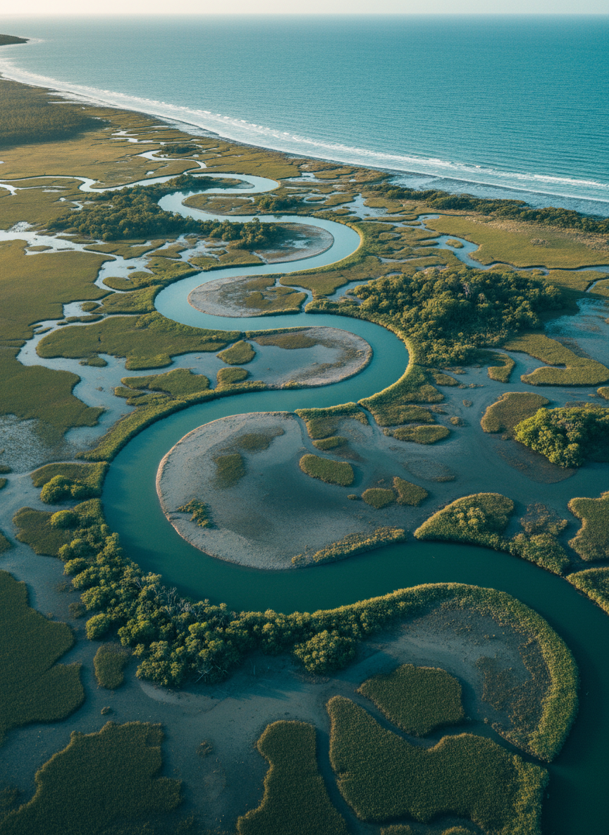 Aerial photographic view of an expansive teal-hued coastal wetland where river water meets the sea, showcasing intricate patterns of tidal channels weaving through lush salt marsh and mangroves. The water appears in subtle gradients from deep blue to teal, hinting at dissolved organic carbon. Soft late-afternoon sunlight from the upper left creates gentle highlights on rippled water surfaces and long, delicate shadows from vegetation. The atmosphere is calm and scientific, with a clean, modern aesthetic. Shot in sharp focus with high resolution, emphasizing fine textures of mudflats and plant canopies, composed with sweeping curves of channels leading the eye through the frame. Photographic realism, suitable as a professional hero image for a climate research lab website.